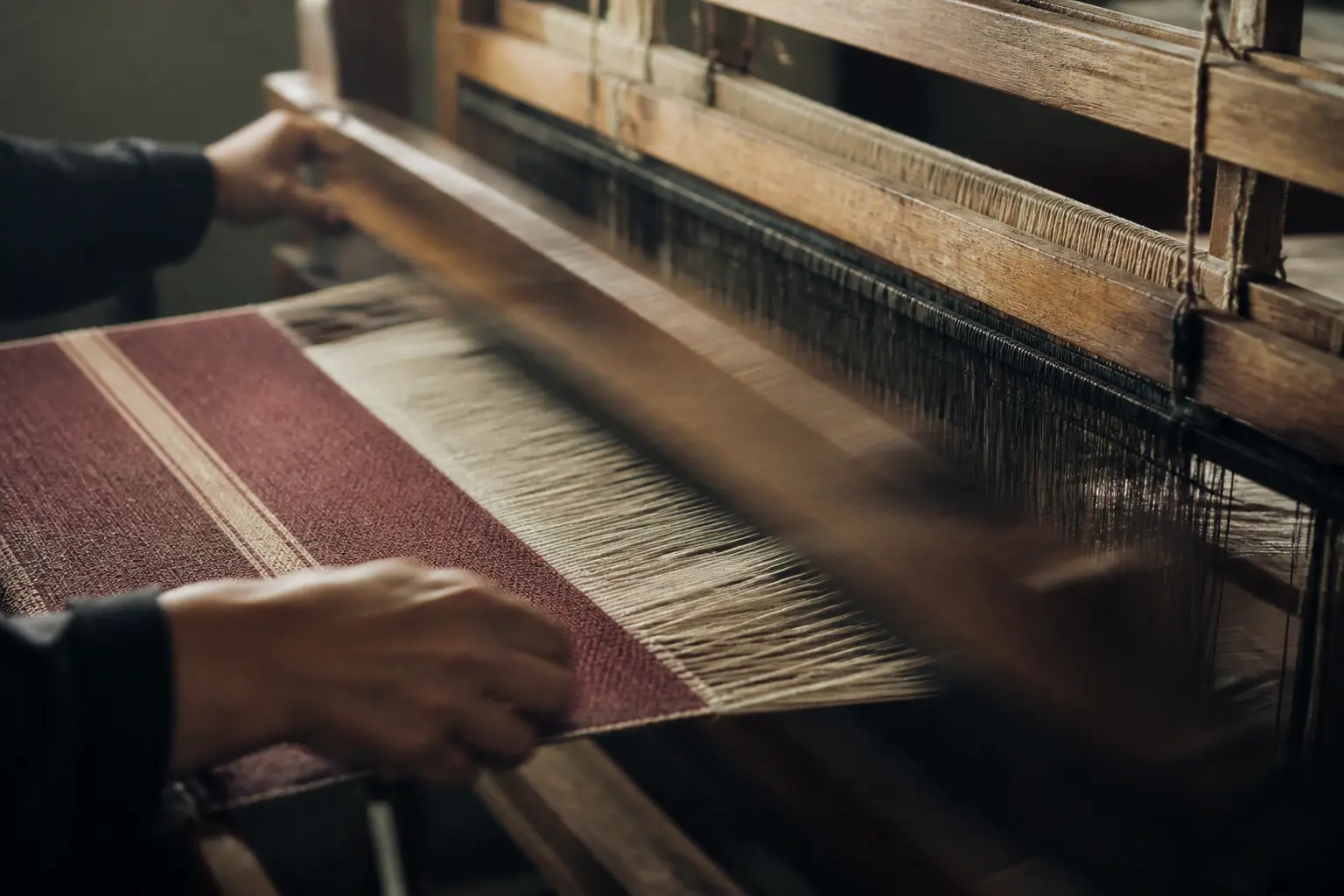 Traditional loom moving through burgundy and cream threads
