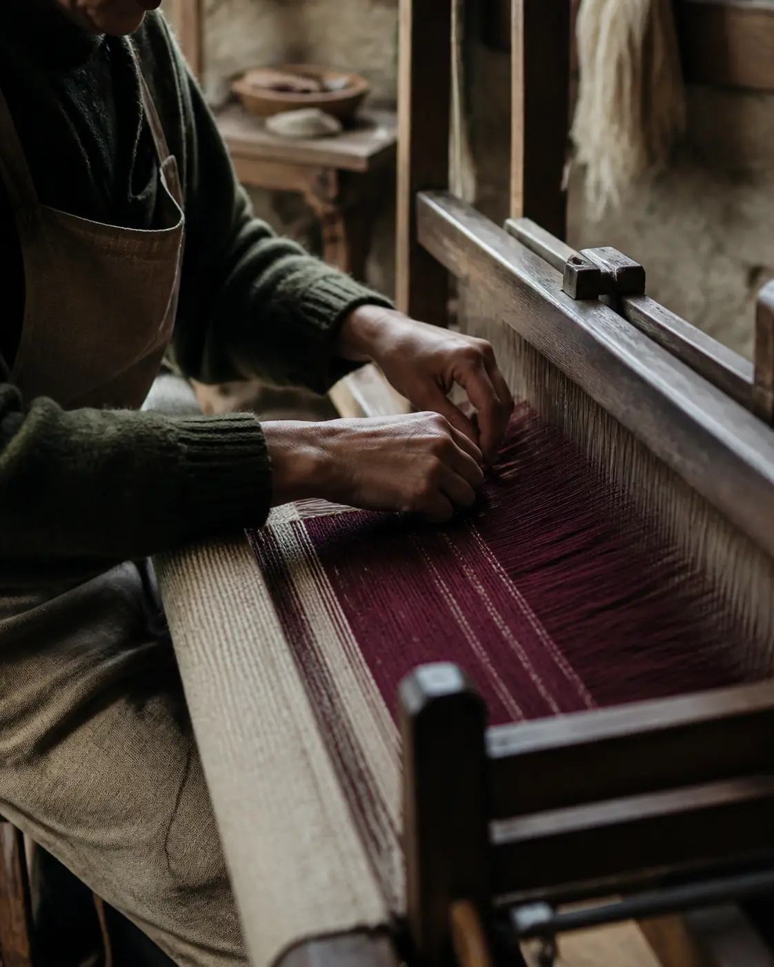 Artisan guiding wool through a traditional loom